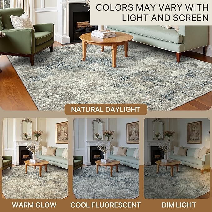 BEIMO Area Rugs 8x10 for Living Room Bedroom, Modern Abstract Machine Washable Rug, Large Soft Low Pile Floor Carpet with Non Slip Backing for Dining Room, Light Gray Blue