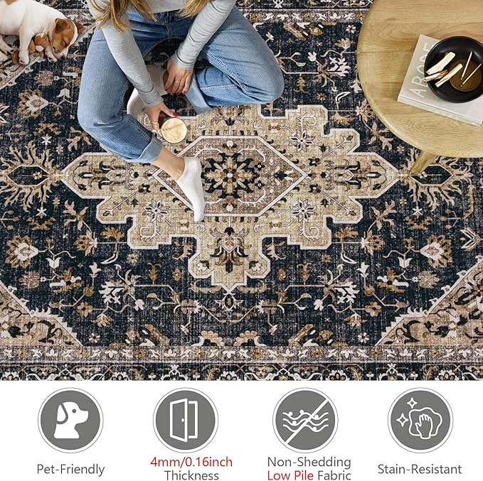 Area Rug 8x10 Vintage Rugs: Large Washable Living Room Rug Retro Medallion Distressed Soft Low Pile Non-Slip Indoor Floor Carpet for Bedroom Kitchen Nursery Dining Office (BeigeBlack, 8'x10')