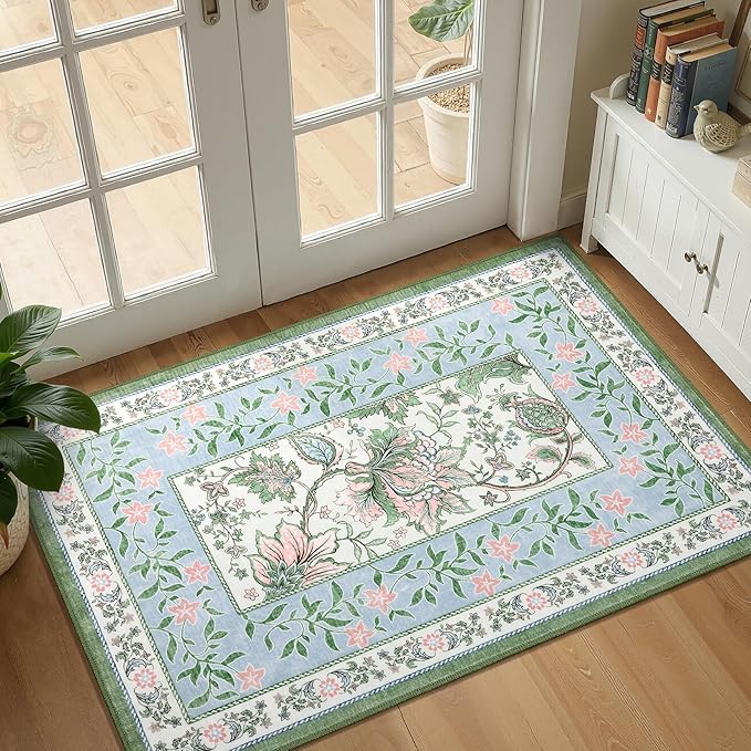 GarveeHome Blue Green Pink 2x6 Washable Kitchen Runner Rugs Non Slip Provence Botanical Grove Vintage Boho Cottage Long Rug for Hallways Bedroom TPE Rubber Backing