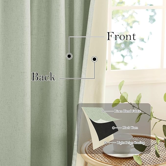 RYB HOME 100% Blackout Sage Green Linen Curtains, Light & Heat Blocking Thermal Privacy Protection Neutral Window Drapes for Living Room Bedroom, 52" W x 90" L, 2 Panels Set