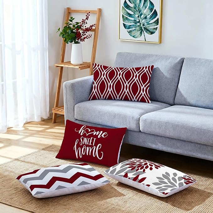 Hexagram Geometric Burgundy Pillow Covers 12x20 Set of 4, Decorative Outdoor Boho Modern Throw Pillow Covers, Home Sweet Home Farmhouse Cushion Case for Couch Sofa Bedroom Indoor Decor(No Insert)