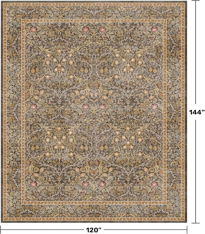 Hazo Haus Washable Living Room Rug 10x12 - Brown Oriental Area Rug for Dining Room Under Table, Low Pile Non-Slip Floor Decor for Bedroom Under Bed - Vintage Earthy Design & Stain Resistance