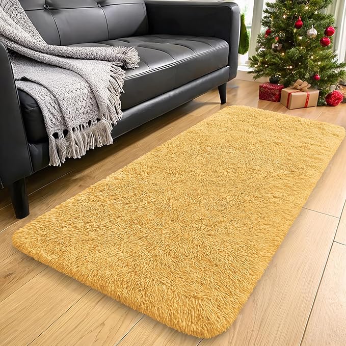 OLANLY 2x5 Machine Washable Runner Rugs for Hallway, Soft Fluffy Shaggy Bedside Rugs for Bedroom, Living Room, Indoor Floor Carpet for Kids Girls and Boys, Home Decor Aesthetic, Mustard Yellow