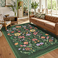 Washable Rug 5x7 Area Rugs for Living Room, Protea Floral Rug for Bedroom, Soft Boho Non Slip Throw Rugs with Rubber Back, Low Pile Stain Resistant Vintage Floral Carpet for Dining Room, Forest Green
