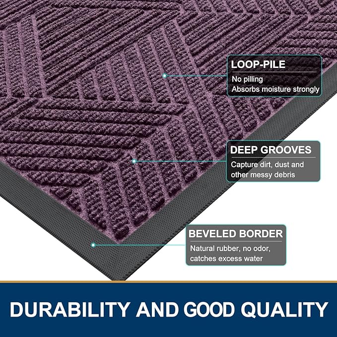 Smiry Front Door Mat Outside Entrance, Heavy Duty Sturdy Natural Rubber Doormat, Trap Dirt and Moisture, Easy Clean Low Profile Welcome Floor Mats for Indoor Outdoor Entry, 35X23 Inch, Purple