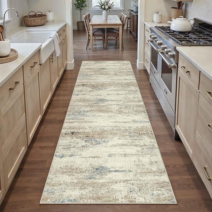 PureCozy 2x8 Runner Rug Washable Beige Brown Abstract Modern Neutral Hallway Carpet Non Slip Soft Low Pile Indoor Kitchen Carpet Contemporary Aesthetic Long Rug Bathroom Bedroom Laundry