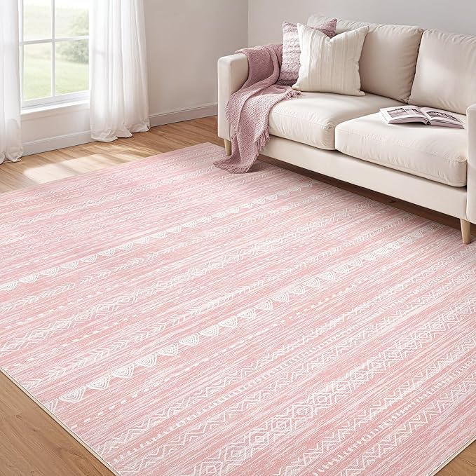 Nakagishi Pink Rugs for Bedroom Girls: 8x10 Washable Boho Large Neutral Cute Soft Area Rug Modern Indoor Floor Non Slip Accent Carpet for Living Room Nursery Kids Playroom Preppy Room Dorm Baby Room