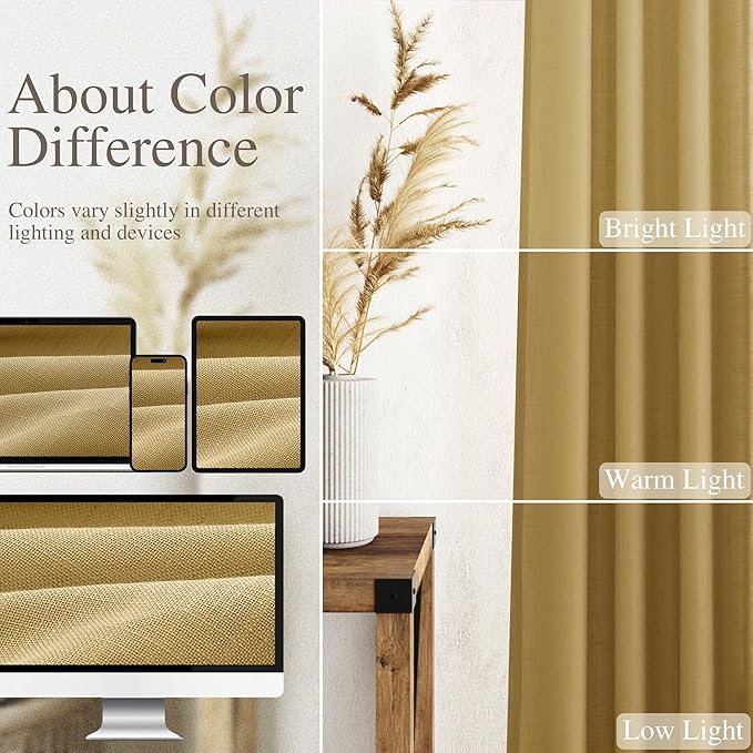 Extra Long Gold Linen Curtains 120 Inch for Living Room 2 Panels Set Rod Pocket Back Tab Light Filtering Semi Sheer Linen Window Drapes Privacy High Ceiling Drapes for Farmhouse 52x120