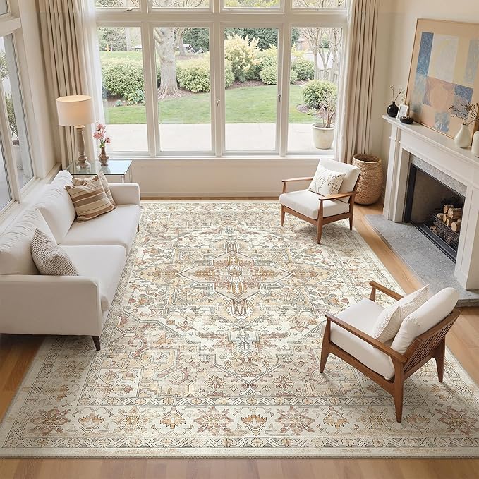 zesthome 9x12 Area Rugs-Washable Rug for Living Room, Non-Slip Backing Rugs, Stain Resistant Rug for Bedroom, Ultra-Thin Low Pile Rugs, Vintage Large Home Decor