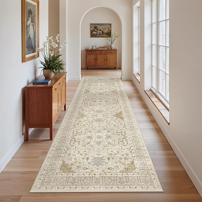 Madane Runner Rug 2'6''x8' Kitchen Runners, Printed Vintage Washable Hallway Rugs Soft Non-Slip Low Pile 2.5x8 ft Runners for Hallways Laundry Room Rug, Beige/Blue