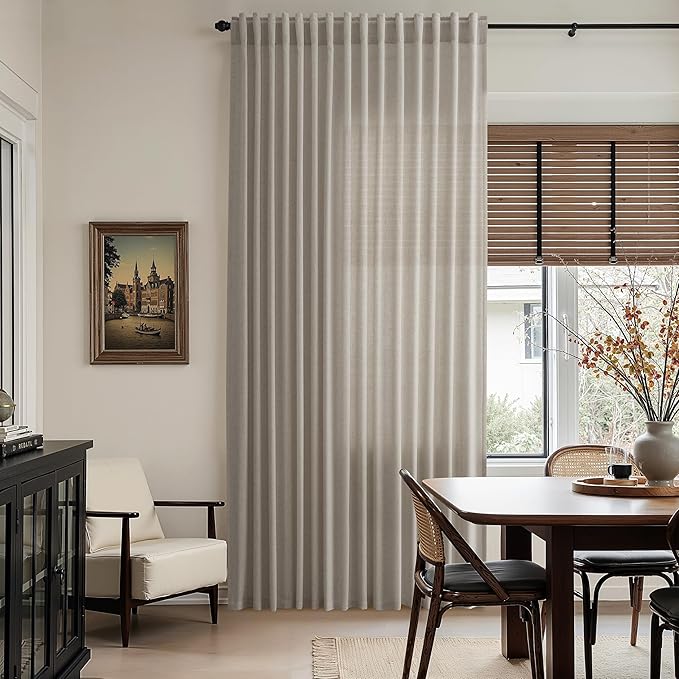 Nanspring 108 Inch Long Curtains for Living Room Grey Beige Linen Simple Modern Light Filtering Semi Sheer Curtain Back Tab Boho Neutral Gray Floor to Ceiling High Window for Bedroom 52x108,2 Panels