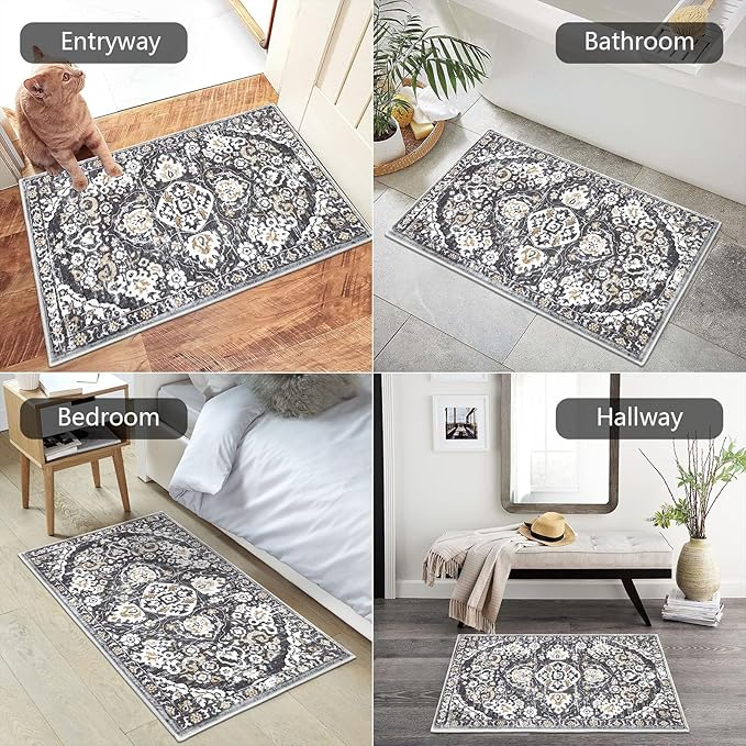 HEBE Washable Area Rug - 2'x3' Non Slip Soft Distressed Medallion Bedroom Boho Living Room Accent Throw Vintage Entry Floor Carpet for Dining Room Bathroom Entryway