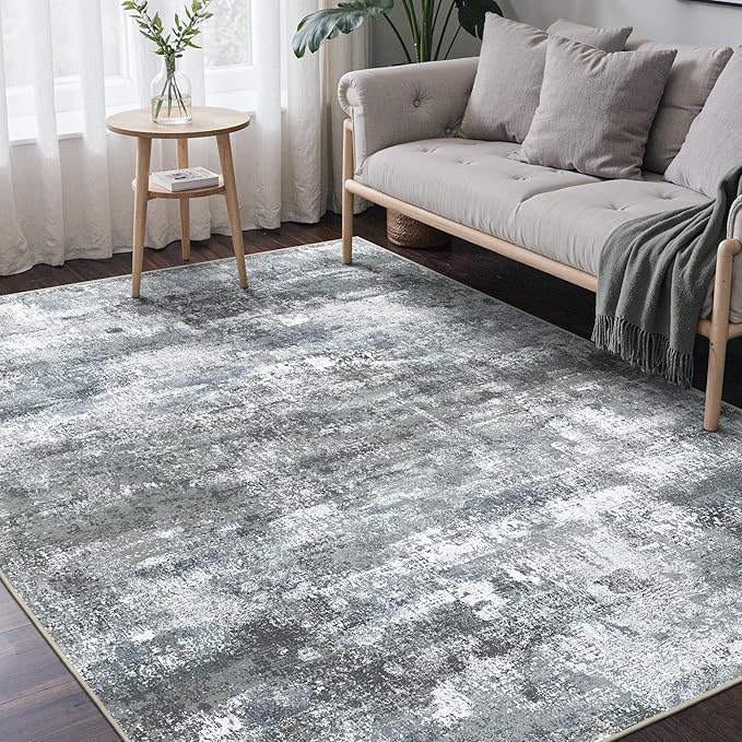 Area Rugs 8x10 for Living Room Bedroom, Modern Abstract Machine Washable Rug, Large Soft Low Pile Floor Carpet with Non Slip Backing for Dining Room, Silver Grey