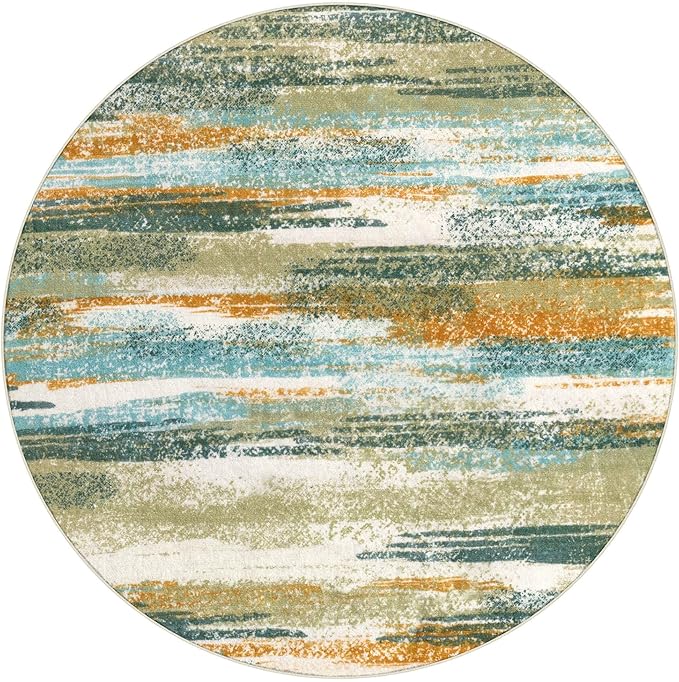 Lansny Modern Abstract Round Rug 5Ft, Green Mustard Multi Small Washable Non-Slip Circle Rug, Soft Circular Dining Room Rug Thin Print Faux Wool Carpet for Bedroom Living Room Office Playroom