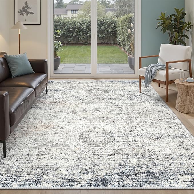 5x7 Area Rugs Blue Ivory Low Pile Indoor Washable Trendy Faded Style Rugs for Bedroom Living Room Dining Room Foldable Non-Slip Thin Print Mat