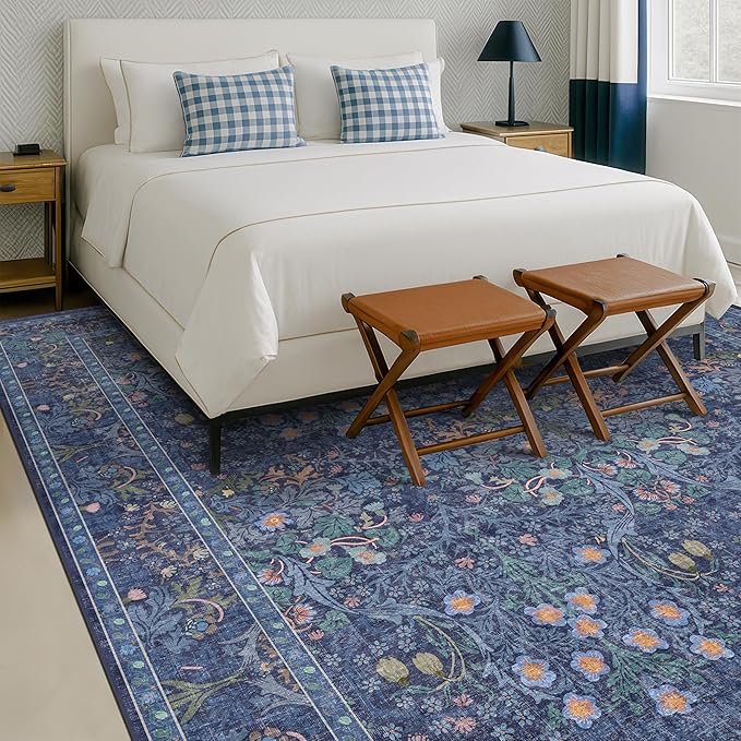 Hazo Haus Dark Blue Living Room Rug 8x10, Vintage Floral Washable Area Rugs for Bedroom, Dining Room Under Kitchen Table, Oriental Low Pile Stain Resistant Non-Slip Large Navy Decor