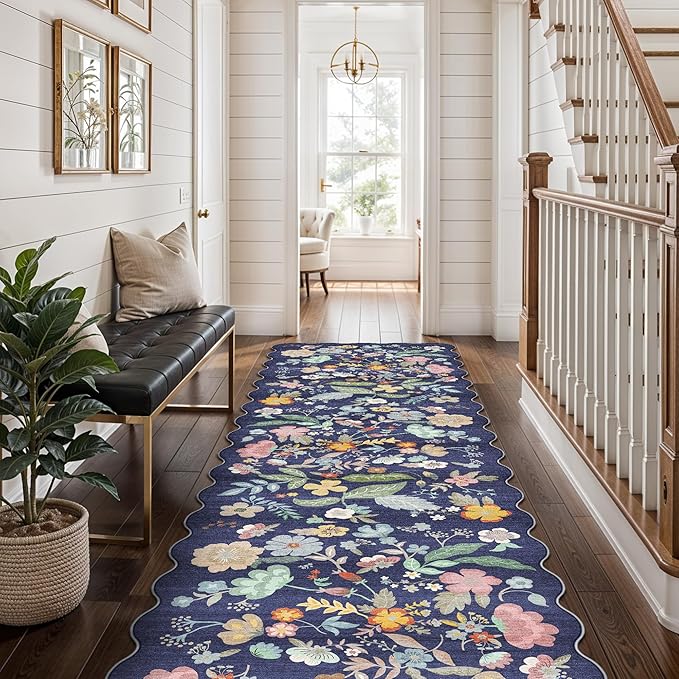 Washable Non-Slip Runner Rug 2x8: Water-Resistant Floral Kitchen Rug Indoor Low Pile Floor Mat for Living Room Bedroom Dining Room Ultra Soft Stain-Resistant Carpet for Pets Kids Family(2x8,Purple)