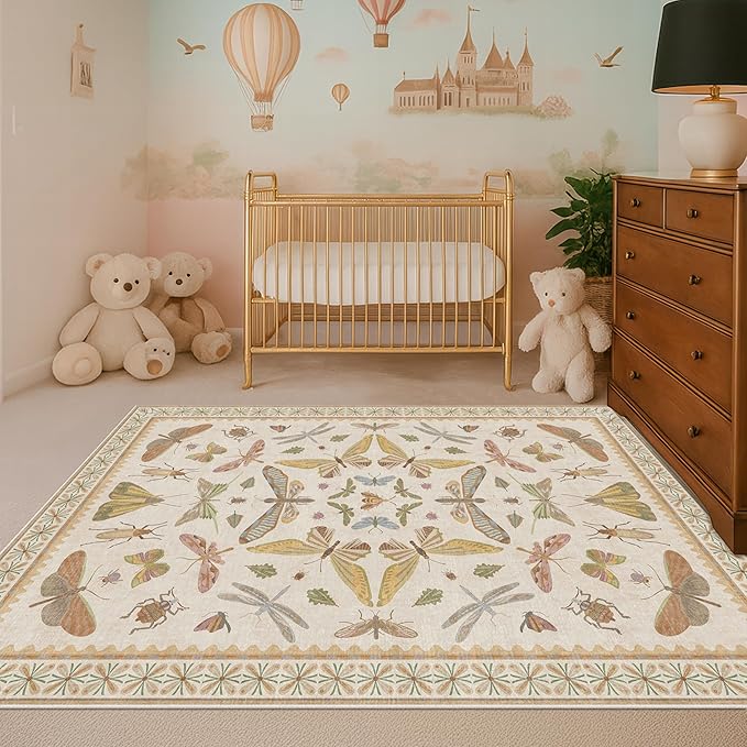 Hazo Haus 3x5 Washable Non-Slip Bathroom Rug, Colorful Insect Rug for Kids Room - Ultra Soft Low Pile Cottagecore Butterfly & Beetle Pattern for Nature-Inspired Home Décor