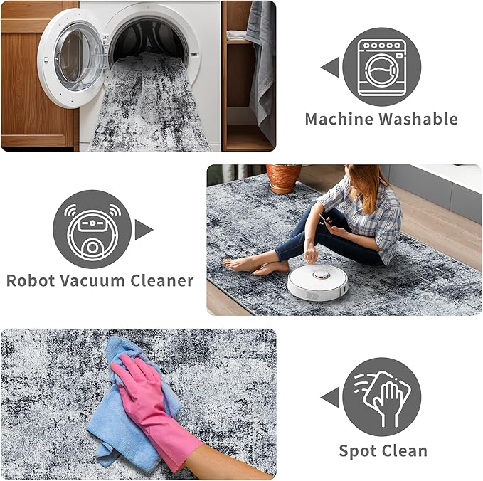 Hallway Runner Rug 2x8 Washable: Entryway Runners Rugs Non Slip Easy-to-Clean - Soft Living Room Bedroom Carpet - Thin Low Pile Printed Floor Mat for Dining Room Black Grey