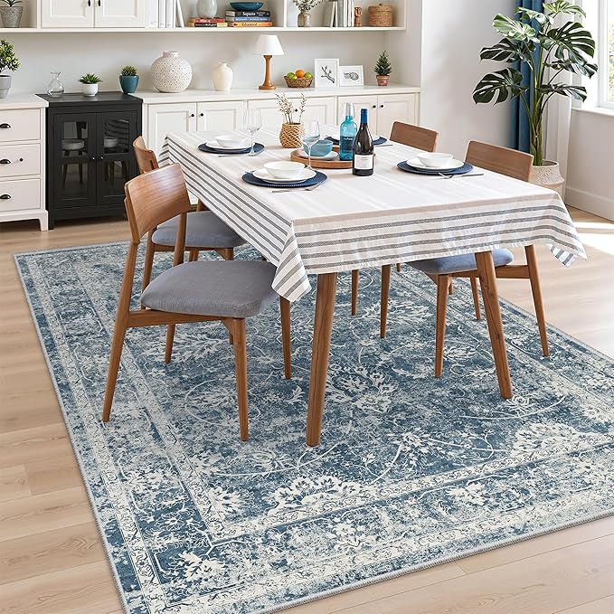 Madane Washable 6x9 Area Rugs for Living Room, Vintage Rug with Non-Slip Backing, Soft Stain Resistant Throw Rugs Thin Carpet for Bedroom Dining Room Farmhouse (6 x 9, Cadet Blue)