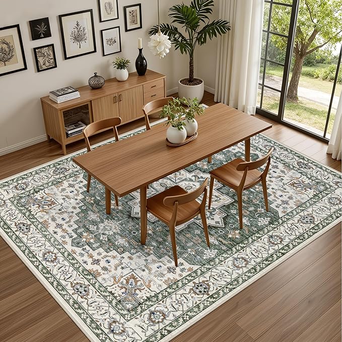4x6 Area Rugs for Living Room: Washable Rug Soft Vintage Boho Medallion Carpet Indoor Non-Slip Stain Resistant Large Carpets for Bedroom Dining Room Farmhouse Nursery Home Office Green Ivory