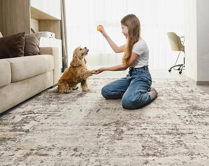9x12 Area Rug Living Room Rugs - Washable Neutral Modern Abstract Soft Thin Large Rug Indoor Floor No Slip Rug Carpet for Bedroom Under Dining Table Home Office Decor - Dark Brown