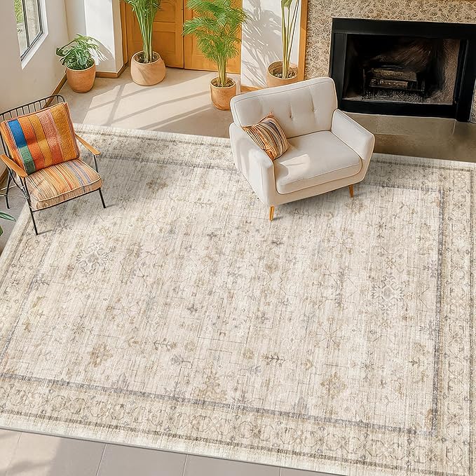 Washable Ivory 6x9 Living Room Rug, Non Slip Dinning Rugs for Under Table, Low Pile Neutral Farmhouse Retro Foldable Carpet for Bedroom, Office