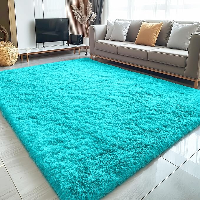 OLANLY 8x10 Machine Washable Large Area Rugs for Living Room, Bedroom, Soft Fluffy Shaggy Bedside Rug, Indoor Floor Carpet for Kids Girls and Boys, Dorms, Nursery, Home Decor Aesthetic, Teal Blue