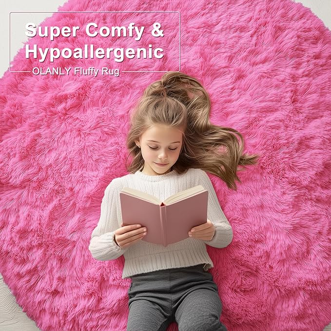 OLANLY Hot Pink Round Rugs for Bedroom - Machine Washable, 2 ft Circle Area Rugs for Living Room, Soft and Fluffy Shaggy Carpet for Teen Girls and Boys, Nursery Rooms, Dorms, Home Decor Aesthetic