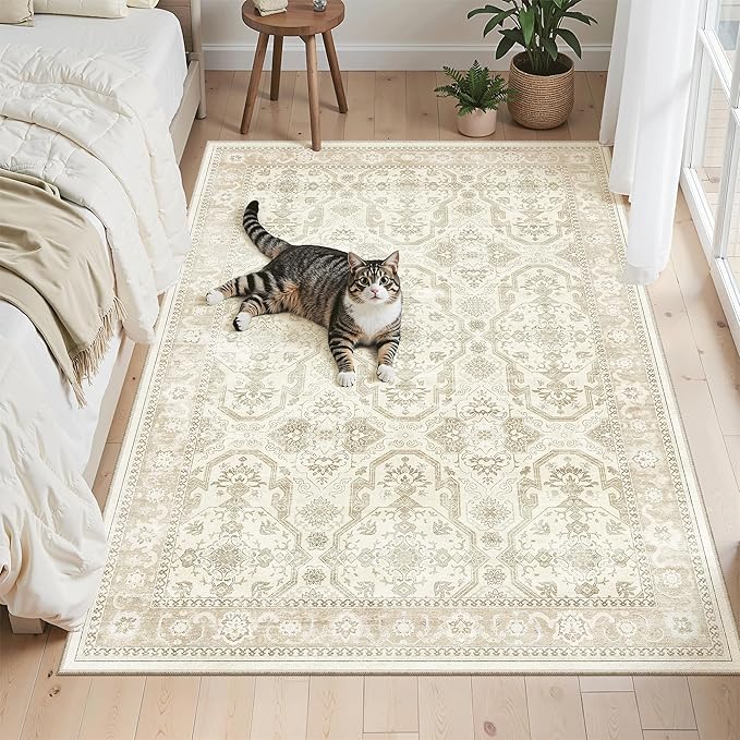 Soalmost 4x6 Area Rugs for Living Room, Vintage Washable Rugs for Dining Room, Bedroom, Home Office Decor, Non-Slip Beige/Brown Carpet Thin Rug