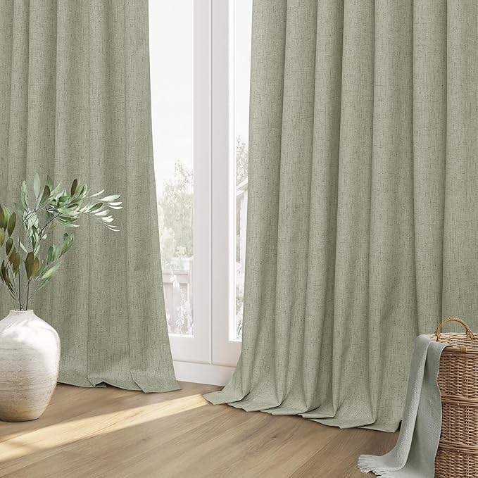 Sage Green 100% Blackout Linen Curtains 72 Inch Length 2 Panels Set for Living Room Bedroom Back Tab Thermal Insulated Black Out Drapes Room Darkening Farmhouse Window Curtains 72 Inches Long