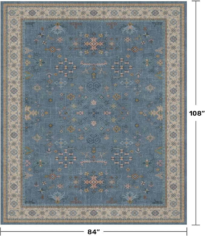 Boho 7x9 Living Room Rugs - Modern Dark Blue Dining Room Rug for Under Table, Lightweight Washable Foldable Low Pile Carpet, Eclectic Floral Bedroom Décor Aesthetic