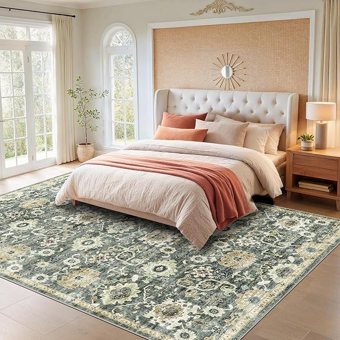 AMADA HOMEFURNISHING 6x9 Area Rugs, Blue Low-Profile Washable Rug with Non-Slip Backing & Durable Edge Binding, Vintage Rugs for Living Room, Bedroom, Dining Room