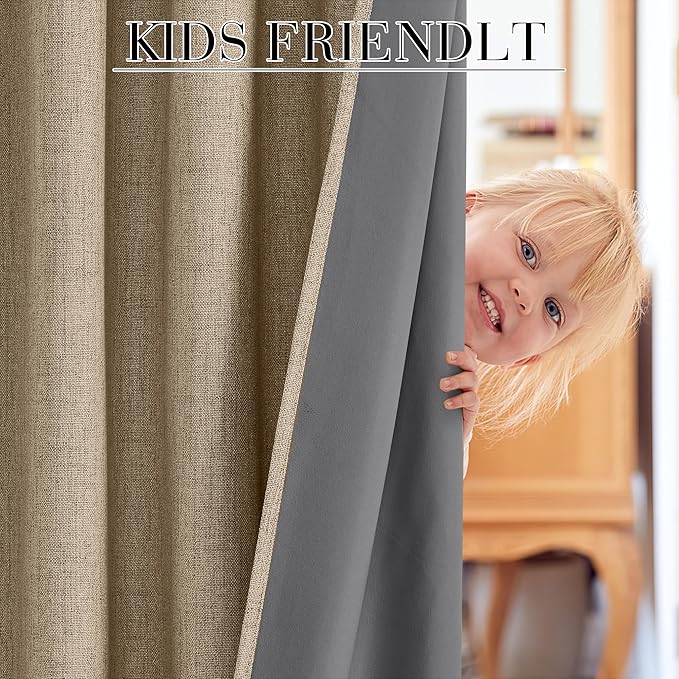RYB HOME Burlap 100% Blackout Linen Curtains 72 inch Long, Thermal Insulated & Privacy Assurd Drapes for Bedroom/Office/Nursery, Rod Pocket & Back Tab Window Treatment, W52 X L72, 2 Panels