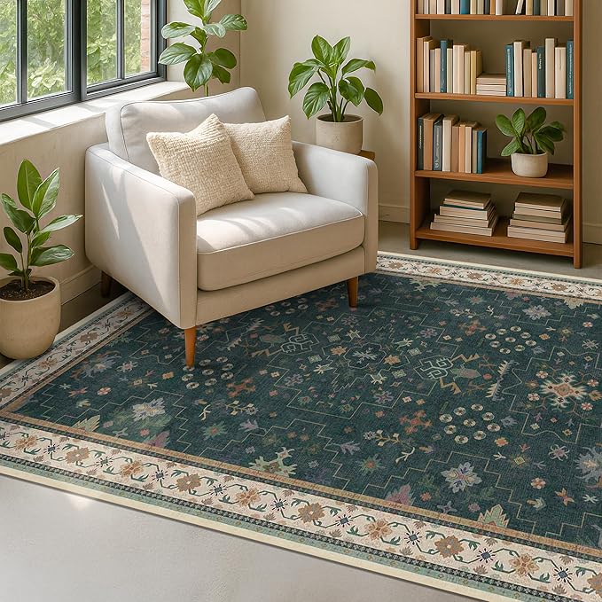 Hazo Haus Dark Green Oushak 5x8 Living Room Rug - Modern Vintage Boho Eclectic Floral Pastel, Washable Low Pile Non-Slip Large Area Rugs for Nursery Dining Under Table Bedroom Lounge