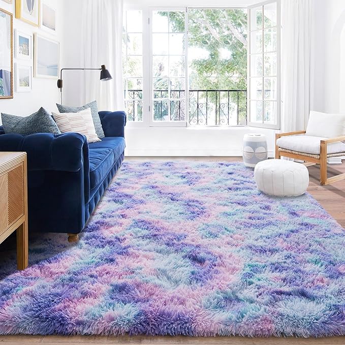 Rugs for Bedroom 4x6, Soft Shaggy Modern Shag Area Rug for Living Room, Upgrade Non-Slip Plush Fluffy Carpet for Kids Boys Girls Room Home Decor Aesthetic, Rainbow Purple