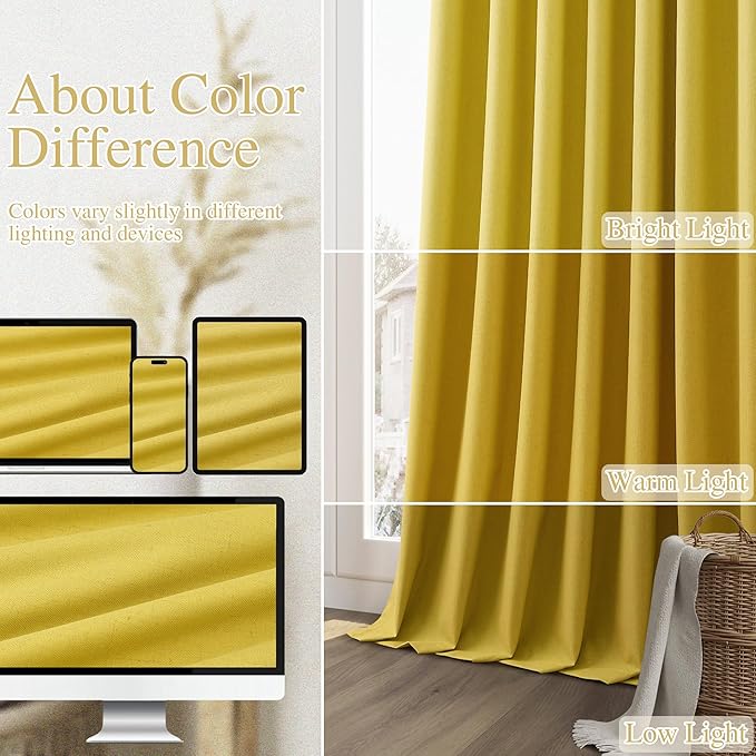 Guken 100% Blackout Curtains 84 Inch Length 2 Panels Set for Living Room Bedroom Back Tab Thermal Insulated Black Out Linen Drapes Room Darkening Celery Yellow,52x84