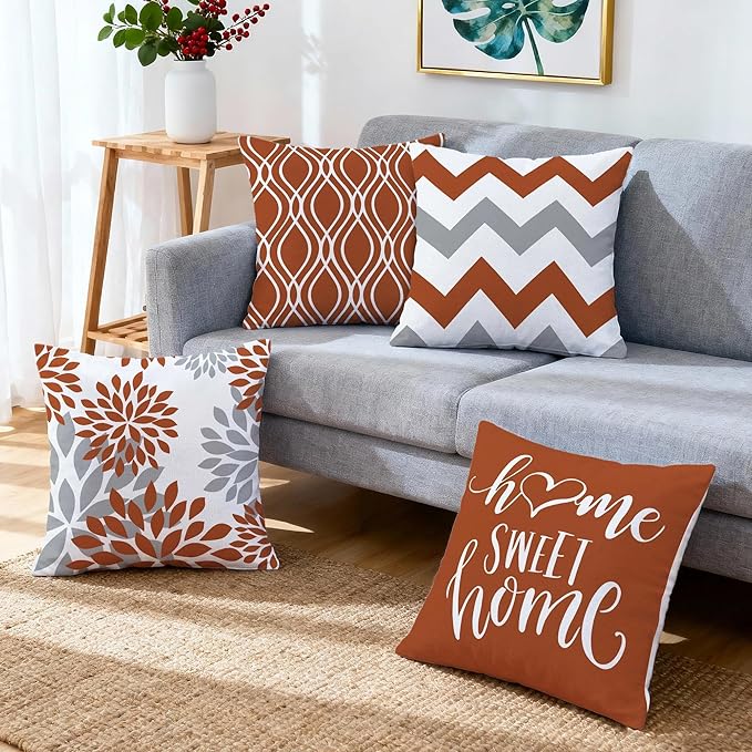 Hexagram Geometric Burnt Orange Pillow Covers 16x16 Set of 4, Decorative Outdoor Boho Modern Throw Pillow Covers, Home Sweet Home Farmhouse Cushion Case for Couch Sofa Bedroom Indoor Decor(No Insert)