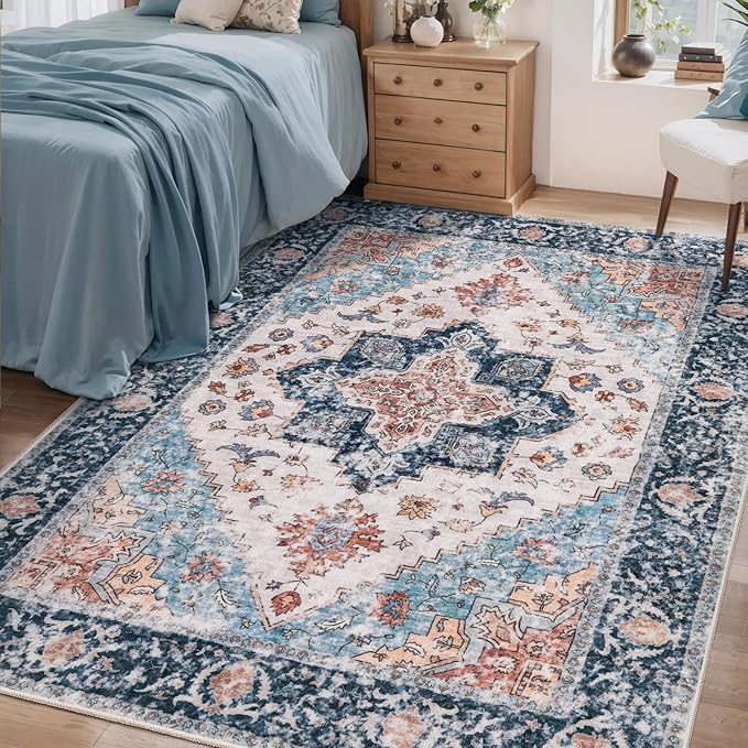 SERISSA 4x6 Boho Bedroom Rug, Washable Non Slip Vintage Blue Orange Area Rugs, Ultra Soft Print Distressed Tribal Entry Rug Low-Pile Throw Carpet for Nursery Dorm Kitchen Living Room Decor