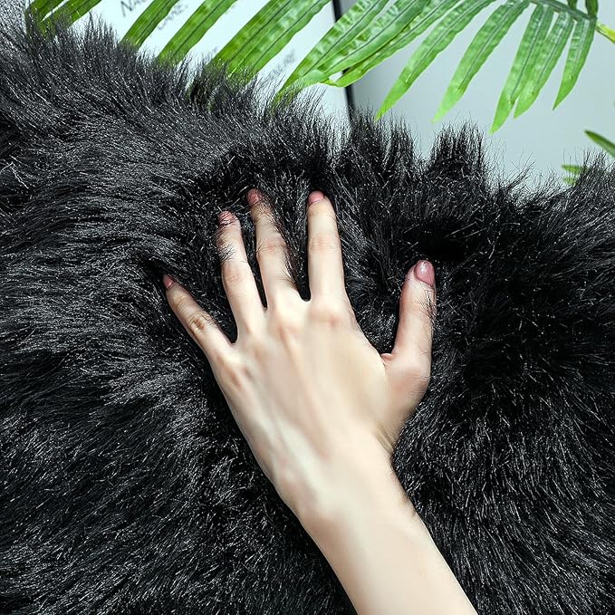linmopm Faux Fur Rug Sheepskin Shag Fluffy Fuzzy Black 3x3 ft Rugs for Bedroom Bedside Bed Floor Living Room Plush Round High-Density Cushion Carpet Super Sofa Cover