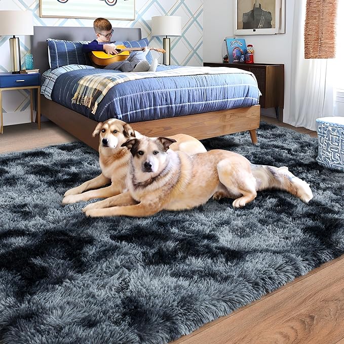 Rugs for Living Room 8x10, Soft Shaggy Modern Shag Area Rug for Bedroom, Upgrade Non-Slip Plush Fluffy Carpet for Kids Boys Girls Room Home Decor Aesthetic, Blue Grey