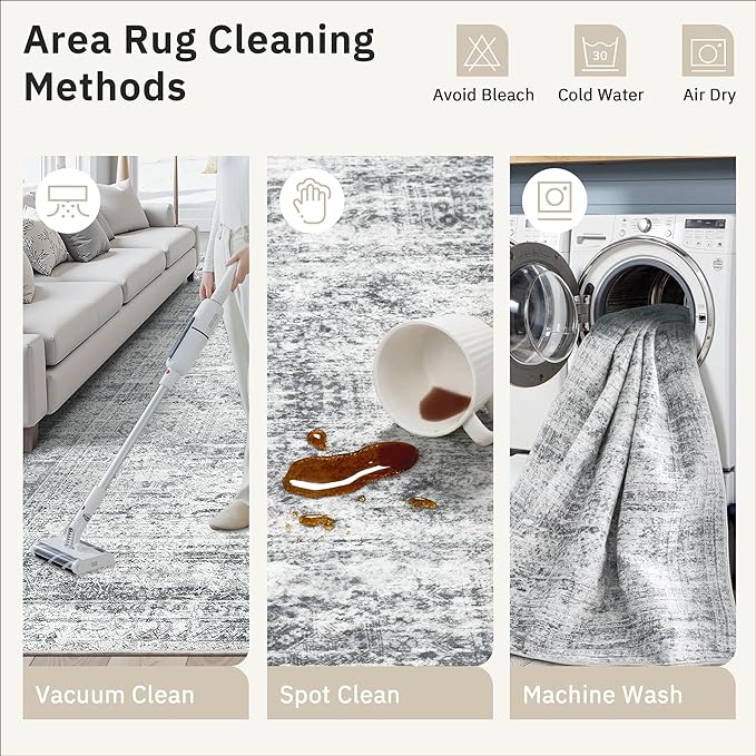 8x8 Grey Round Rug 8ft Living Room Circle Rug Vintage Round Area Rug Non Slip Indoor Carpet for Apartment