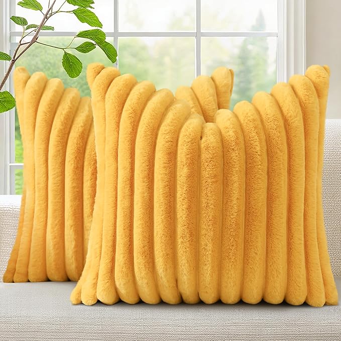 decorUhome Summer Cozy Faux Fur Throw Pillow Covers 16x16 Set of 2 Decorative Soft Plush Striped Modern Farmhouse Boho Couch Pillow Cases with Velvet Back for Sofa Bed Living Room, Mustard Yellow