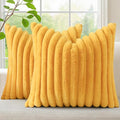 decorUhome Summer Cozy Faux Fur Throw Pillow Covers 18x18 Set of 2 Decorative Soft Plush Striped Modern Farmhouse Boho Couch Pillow Cases with Velvet Back for Sofa Bed Living Room, Mustard Yellow