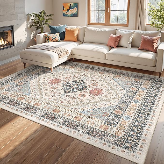 Area Rugs 5x7, Ultra-Thin Washable Rugs for Living Room, Anti-Slip Backing Area Rug for Bedroom, Soft Floral Vintage Home Decor Rug for Dining Room(Blue/Red/Multi,5'x7')