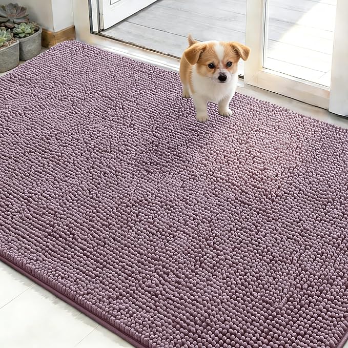 OLANLY Dog Door Mat for Muddy Paws 50x30, Absorbs Moisture and Dirt, Absorbent Non-Slip Washable Doormat, Quick Dry Chenille Mud Mat for Dogs, Entry Indoor Entryway Carpet for Inside Floor, Deep Plum