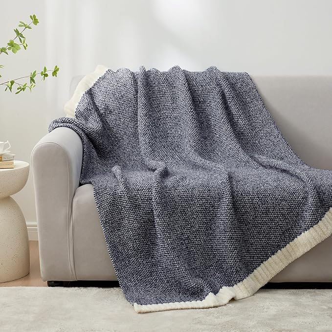 Snuggle Sac Super Soft & Reversible Heather Navy Throw - Oversized Cozy Knit Blanket for Bed, Sofa, Living Room, Twin Size (60x80 Inches)