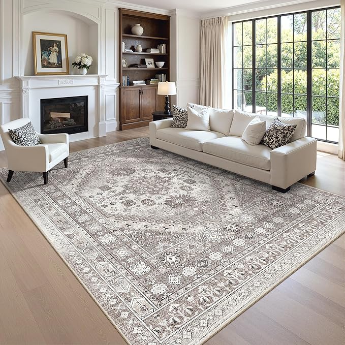 zesthome 9x12 Area Rugs,Stain Resistant Washable Rug,Ultra-Thin Rugs for Living Room,Bedroom,Non-Slip Backing Home Decor Large Area Rug (Brown/Beige,9'x12')