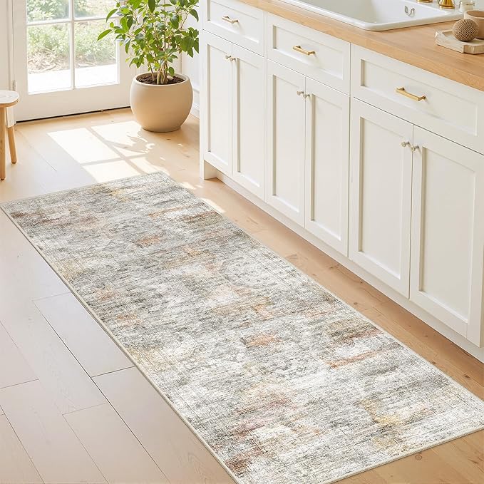 Washable Runner Rugs for Bedroom - 2x6 Runner Rug Non Slip, Ultra-Thin Entryway Runner, Soft Abstract Kitchen Runner for Hallway, Laundry, Bathroom, Indoor Door Mat(2'x6', Grey/Rust)