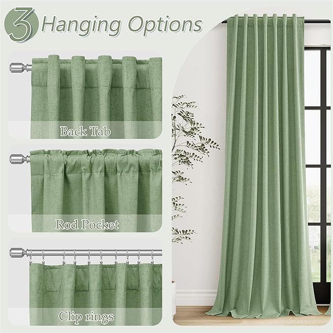 Guken Light Sage 100% Blackout Linen Curtains 63 Inch Length 2 Panels Set for Living Room Bedroom Back Tab/Rod Pocket Thermal Insulated Black Out Drapes Room Darkening Farmhouse Window Curtains